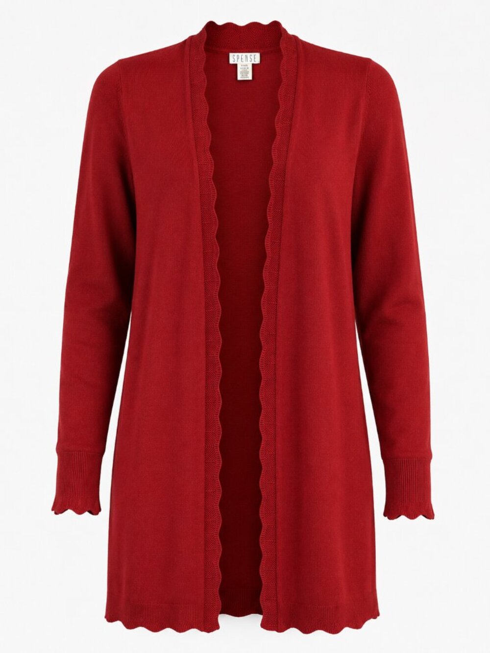 Spense Women's Long Open Front Cardigan Sweater Burnt Brick Ruffle Trim Duster